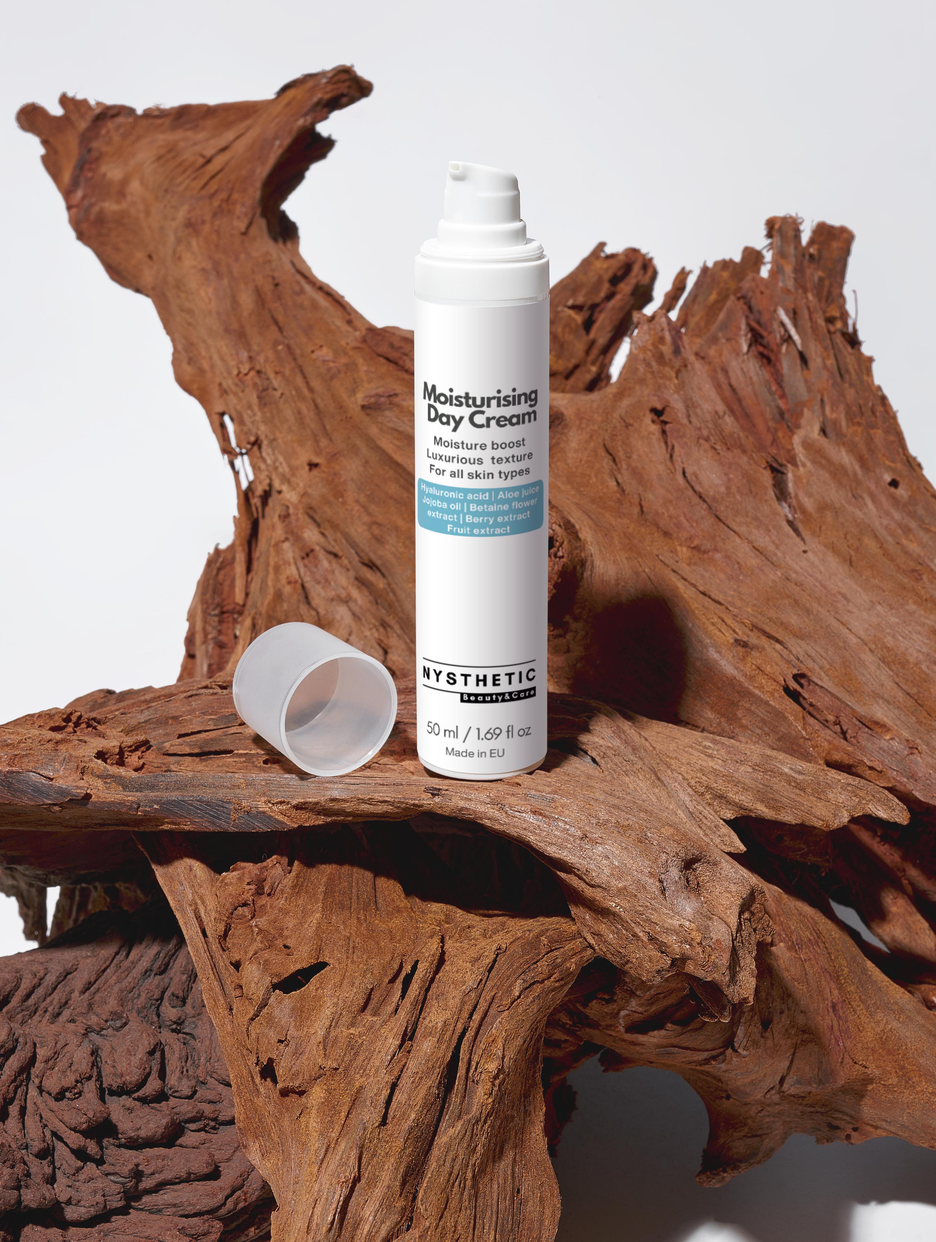 Applying moisturising day cream for daily hydration and glow bottle display on the wood